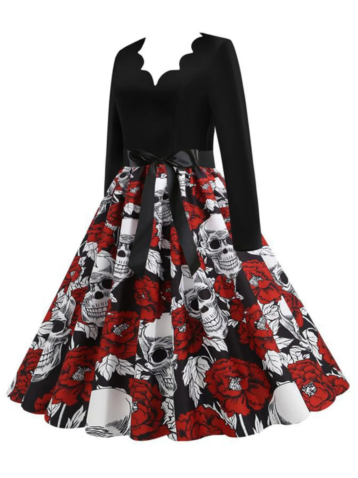 Black 1950s Halloween Roses Skull Petal Collar Dress sold by Retro Stage product image thumbnail 2