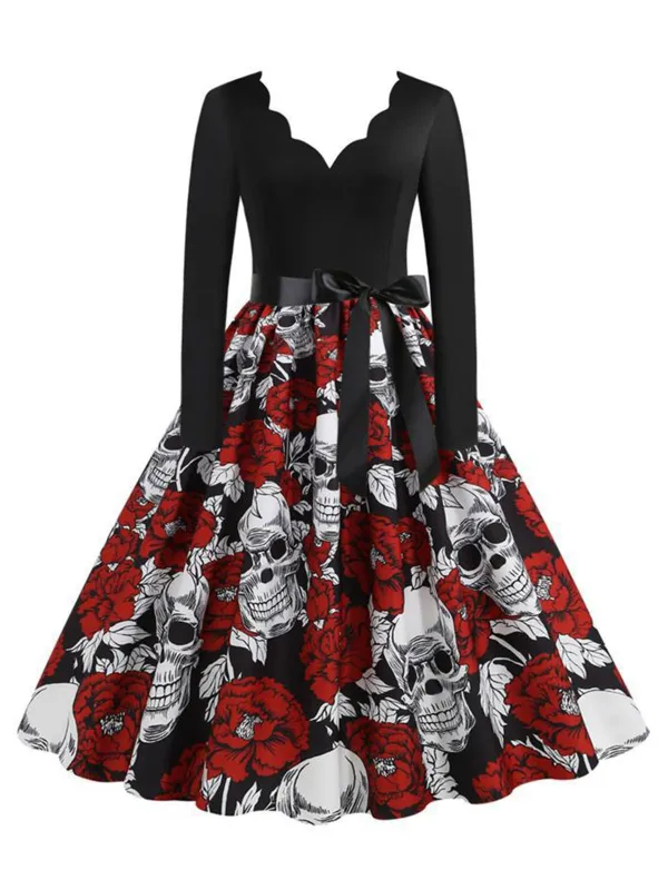 Black 1950s Halloween Roses Skull Petal Collar Dress made by Retro Stage