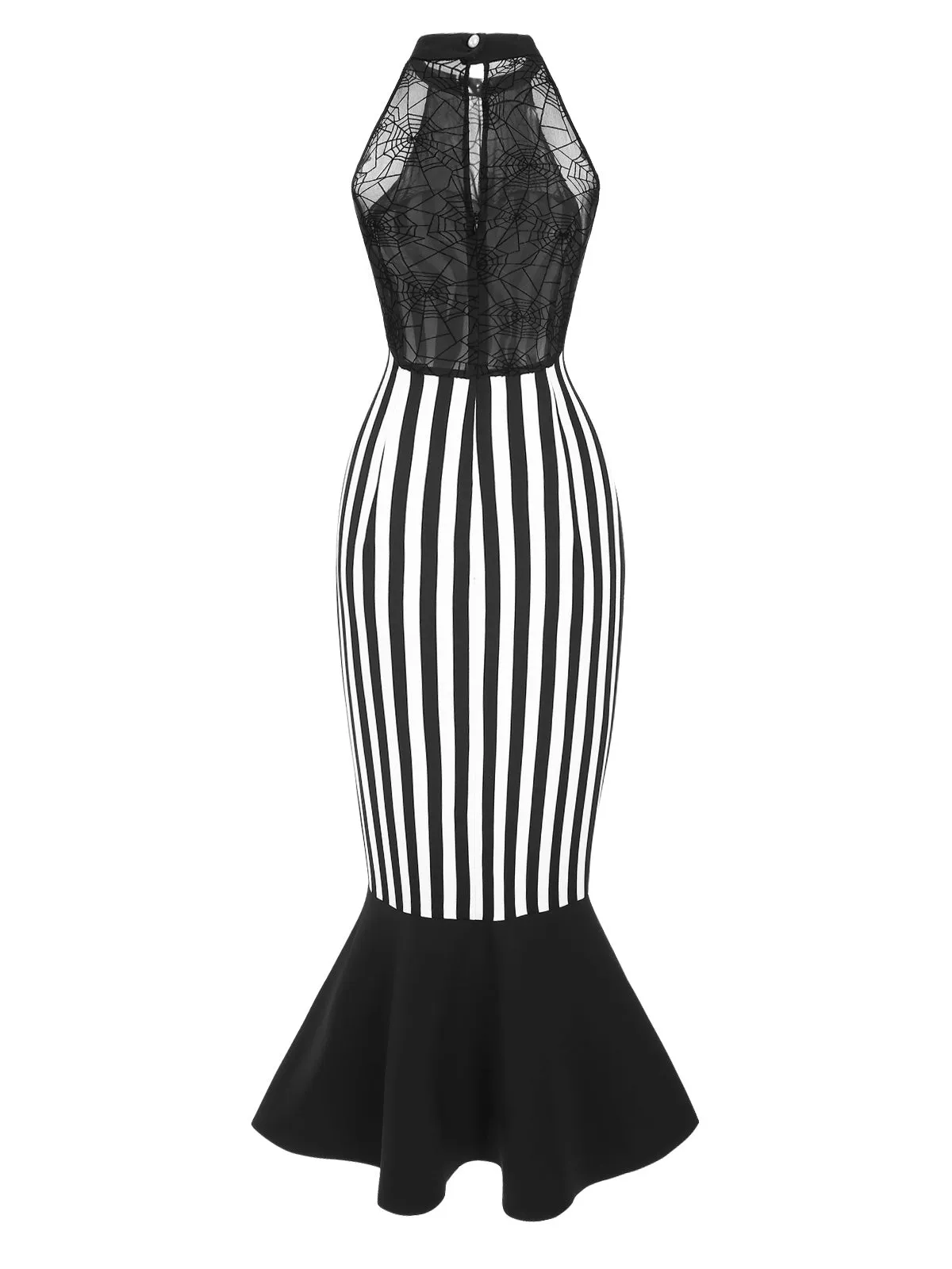 Black 1930s Spiderweb Mesh Stripe Fishtail Dress sold by Retro Stage product image thumbnail 4