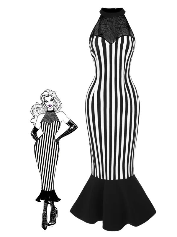 Black 1930s Spiderweb Mesh Stripe Fishtail Dress made by Retro Stage