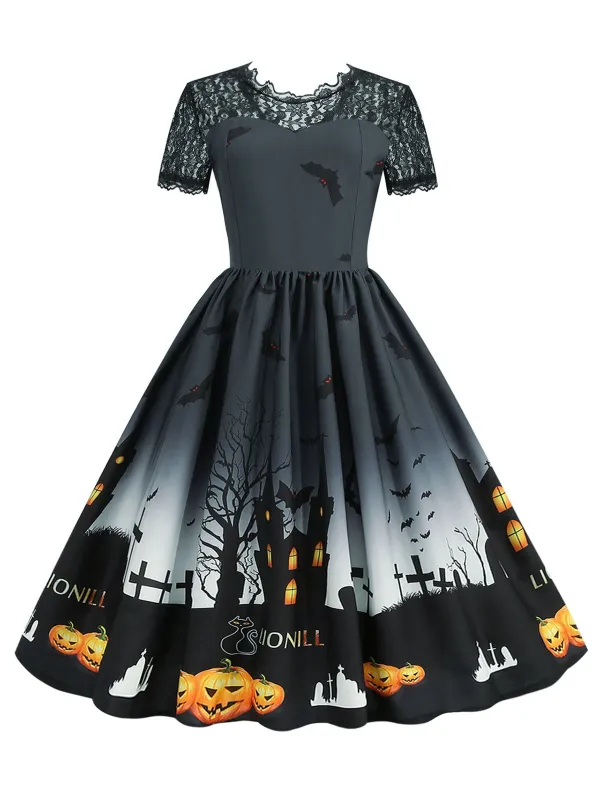 1950s Halloween Lace Patchwork Short Sleeves Dress made by Retro Stage