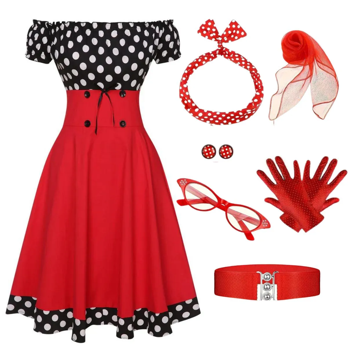 Black & Red 1950s Polka Dots Off Shoulder Dress With Accessories Set sold by Retro Stage