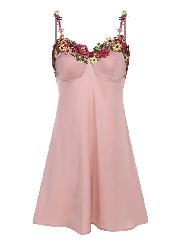 Pink 1950s Flower Embroidered Suspender Nightgown made by Retro Stage