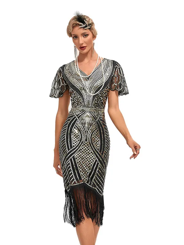 1920s Cap Sleeves Tassel Sequined Dress made by Retro Stage