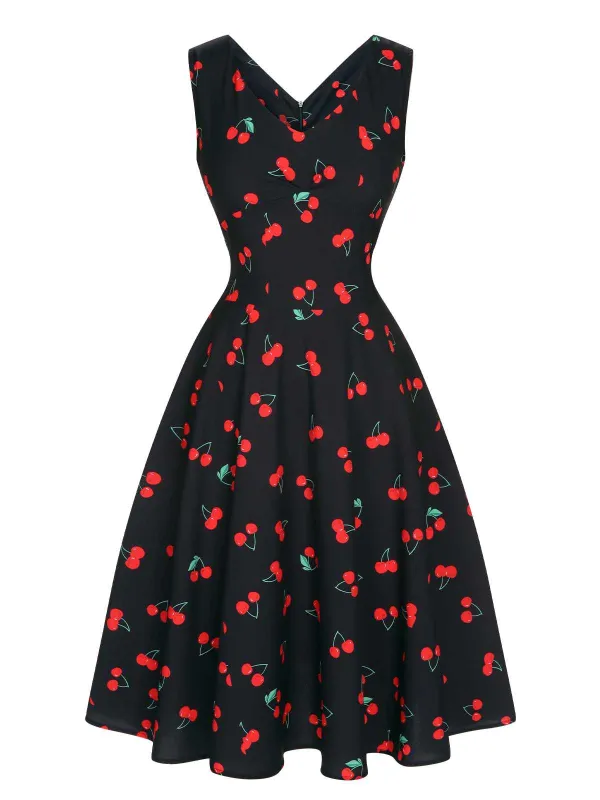 Black 1950s Cherry Sleeveless Dress made by Retro Stage