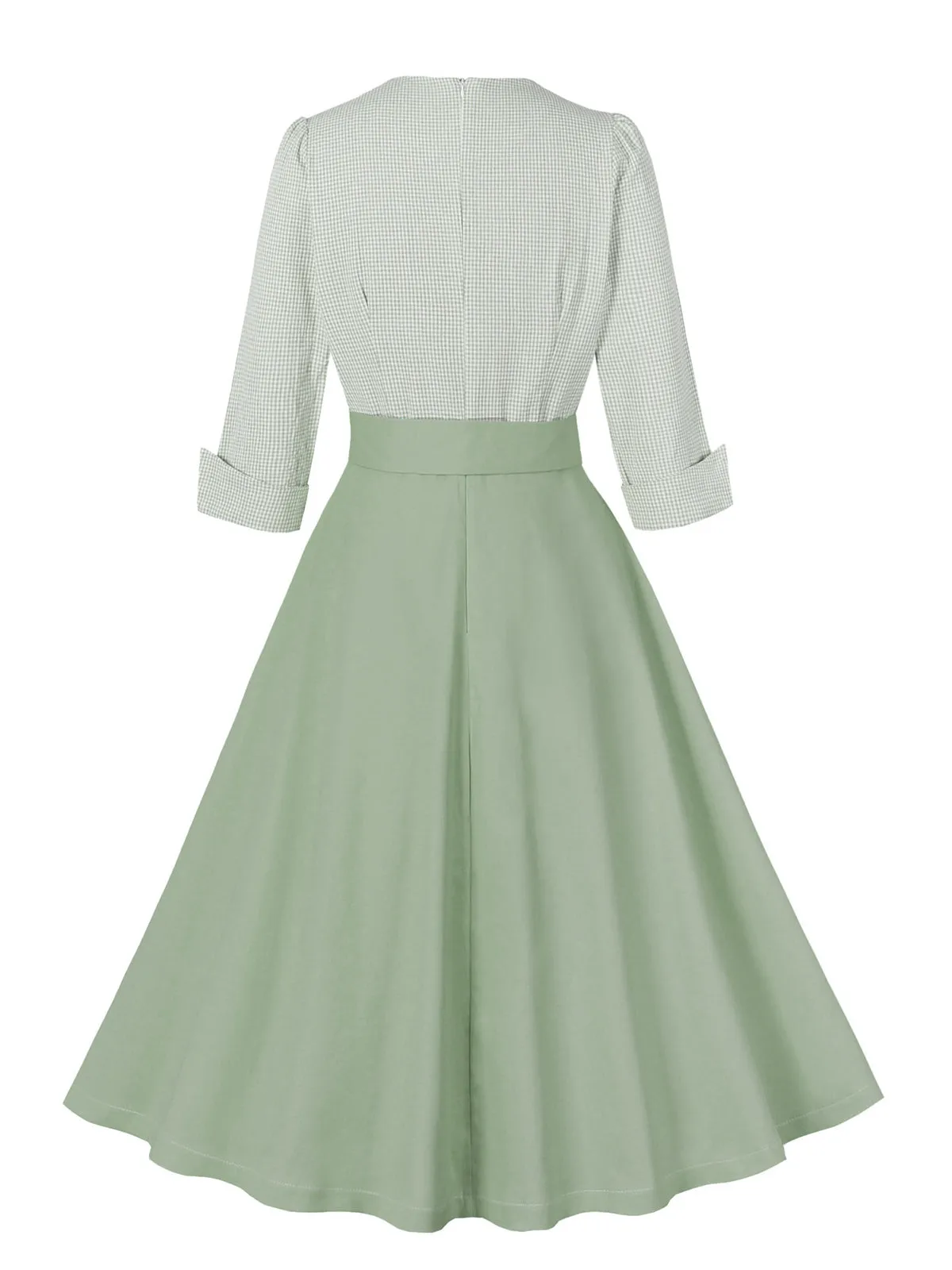 Pea Green Grey 1950s Plaid Roll Up Belt Dress sold by Retro Stage product image thumbnail 2