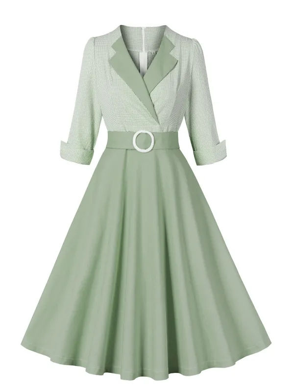 Pea Green Grey 1950s Plaid Roll Up Belt Dress made by Retro Stage