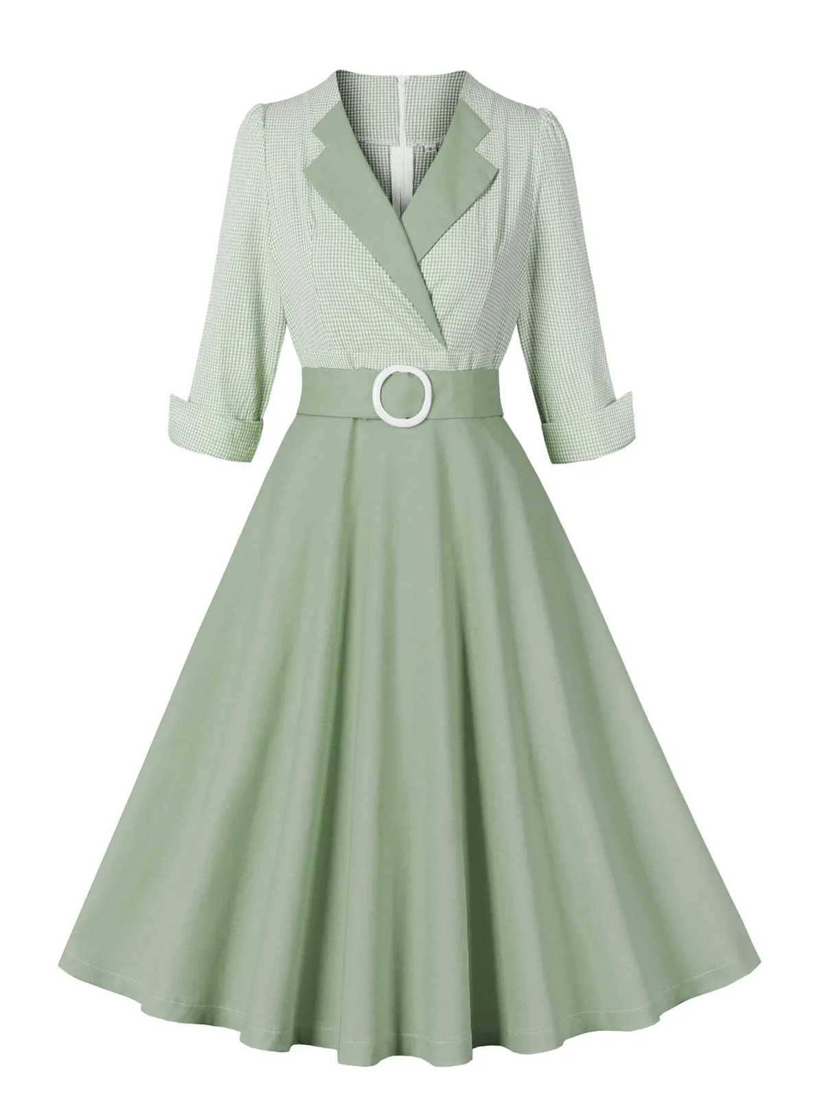 Pea Green Grey 1950s Plaid Roll Up Belt Dress sold by Retro Stage