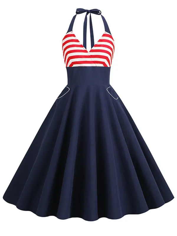 Dark Blue 1950s Red & White Stripes Halter Dress made by Retro Stage