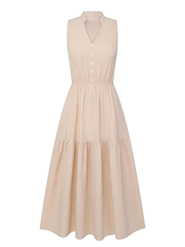 Beige 1940s Solid Stand Collar V-Neck Dress made by Retro Stage