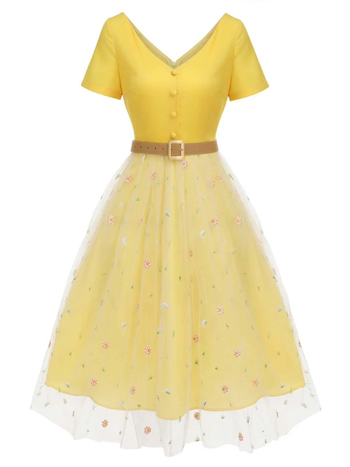 Yellow 1950s V-Neck Daisy Mesh Dress sold by Retro Stage product image thumbnail 2