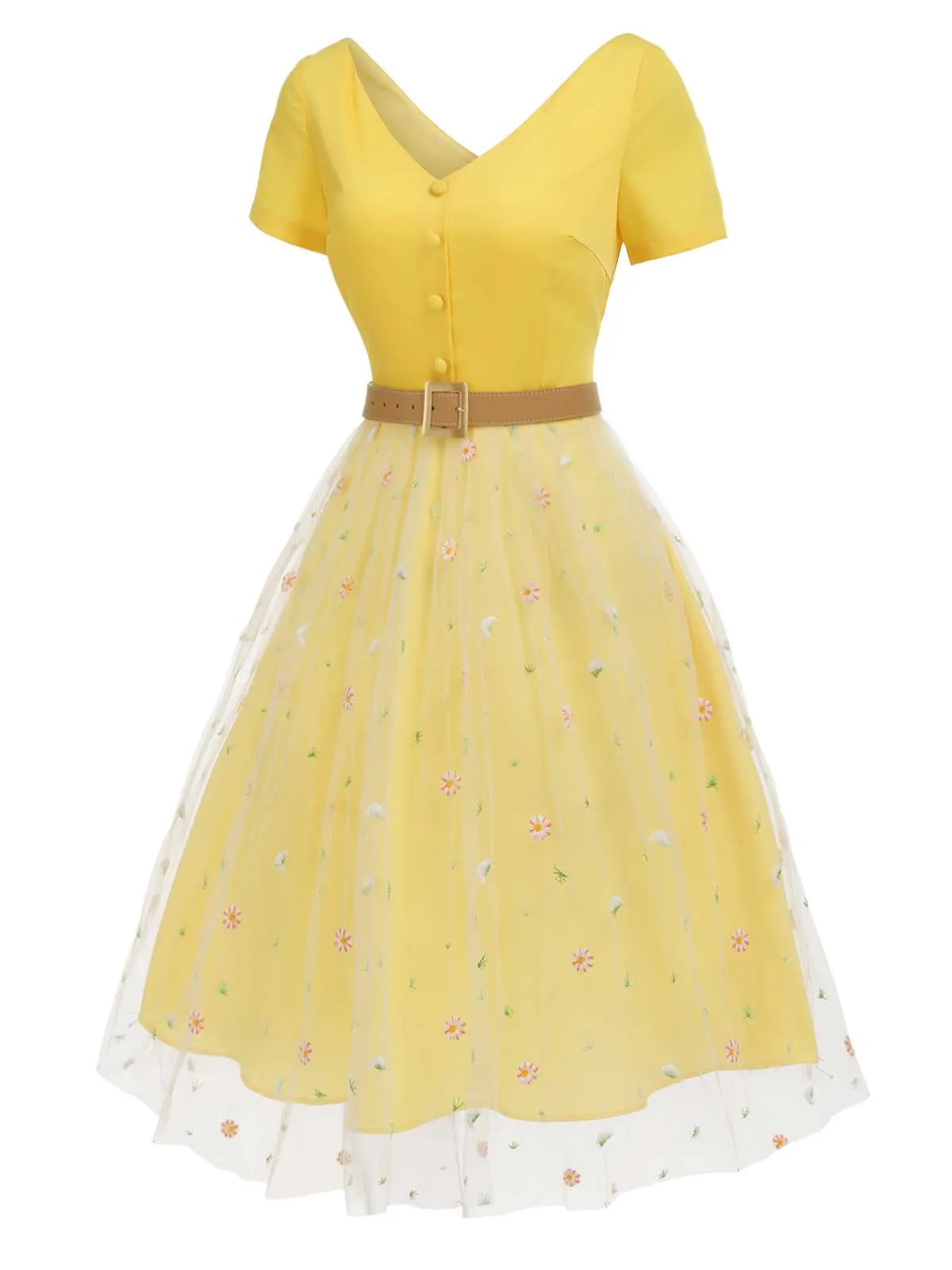 Yellow 1950s V-Neck Daisy Mesh Dress sold by Retro Stage product image thumbnail 3