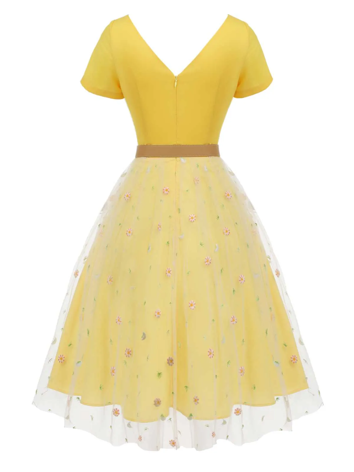 Yellow 1950s V-Neck Daisy Mesh Dress sold by Retro Stage product image thumbnail 4
