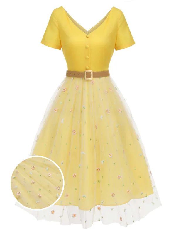 Yellow 1950s V-Neck Daisy Mesh Dress made by Retro Stage