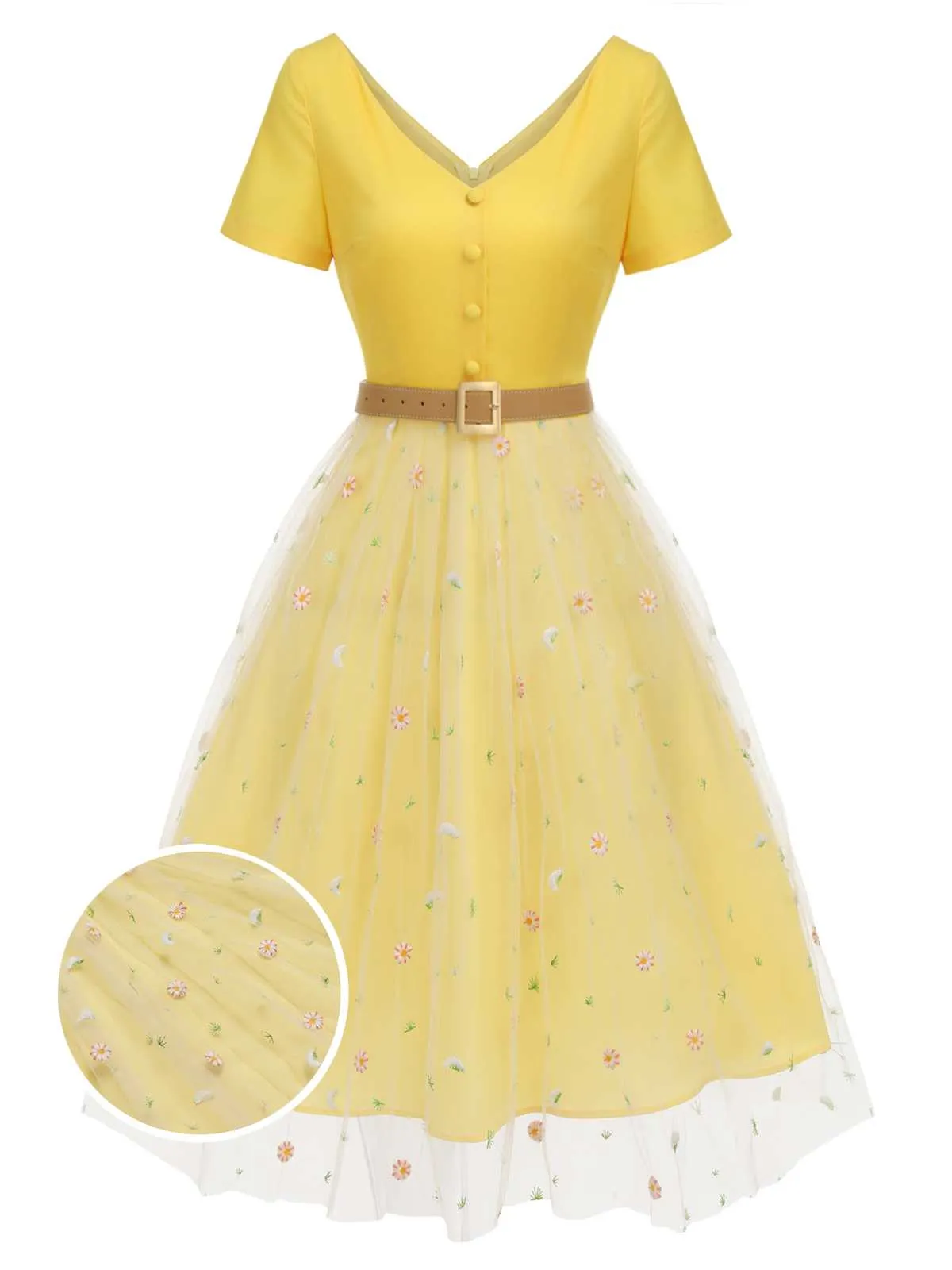 Yellow 1950s V-Neck Daisy Mesh Dress sold by Retro Stage
