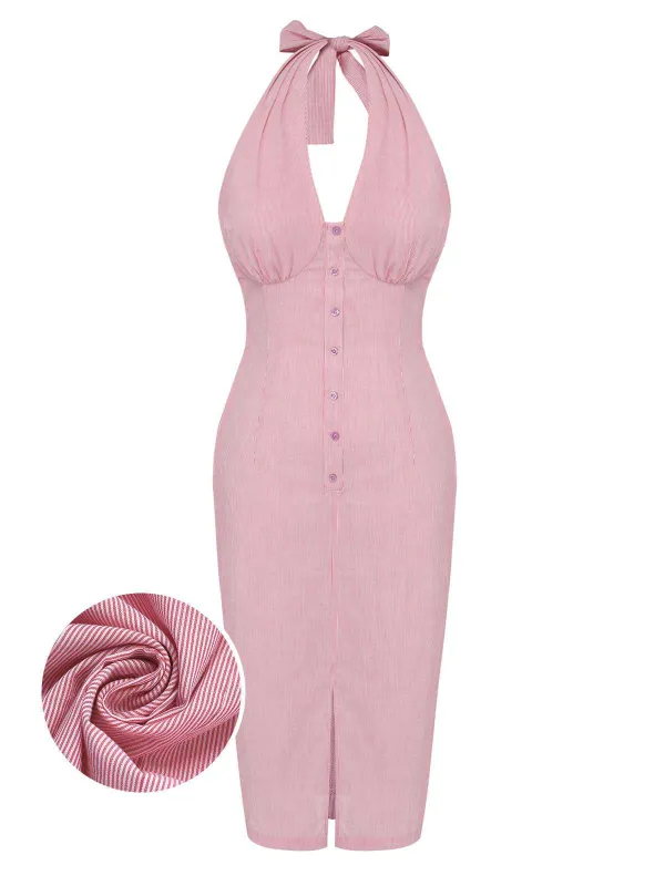 Pink 1960s Halter Stripes Slit Dress made by Retro Stage