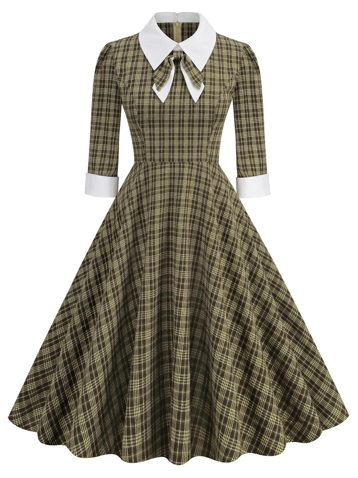 Brown 1950s Lapel Bow Decor Plaids Dress sold by Retro Stage