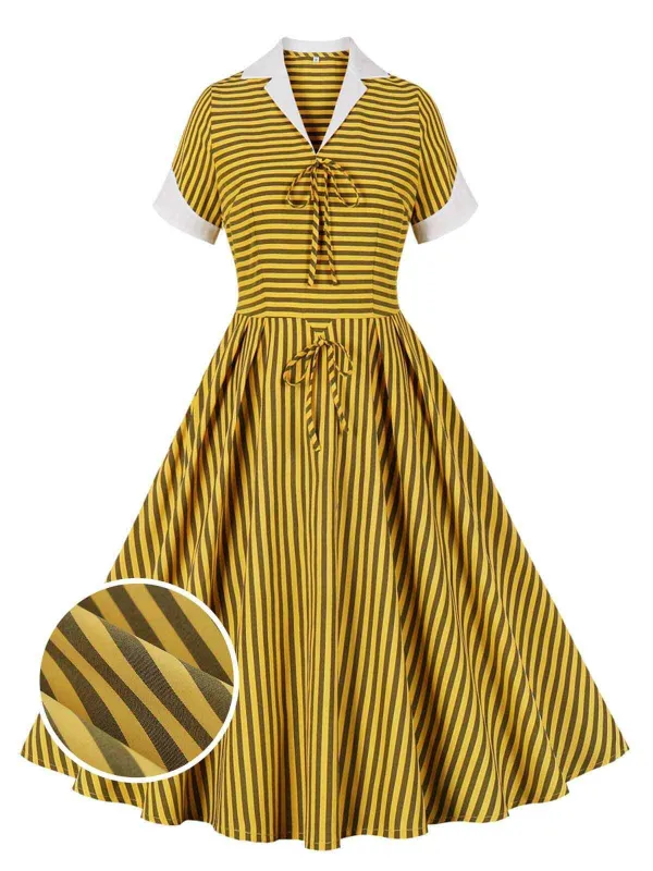 Yellow 1950s Bow Striped Swing Dress made by Retro Stage
