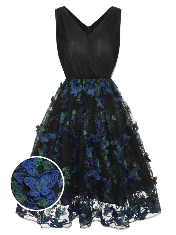 Black 1950s V-Neck 3D Butterfly Mesh Dress made by Retro Stage