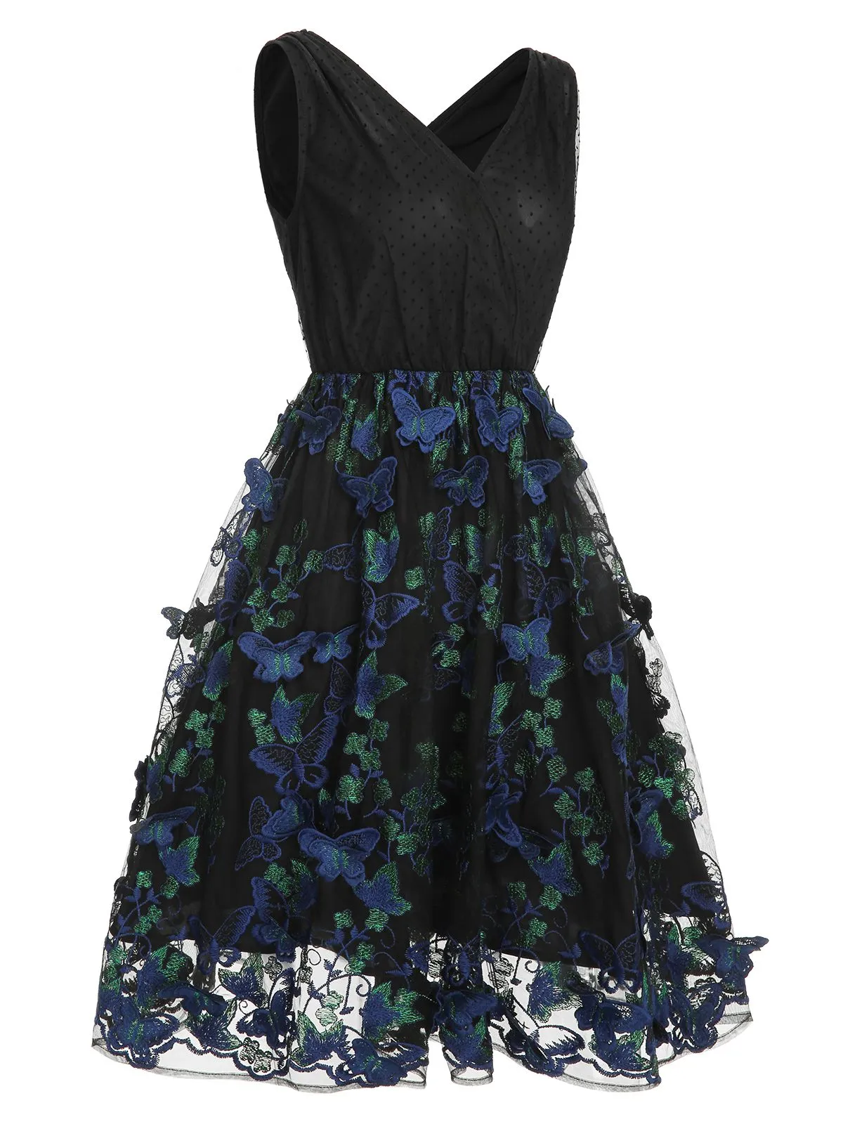 Black 1950s V-Neck 3D Butterfly Mesh Dress sold by Retro Stage product image thumbnail 3