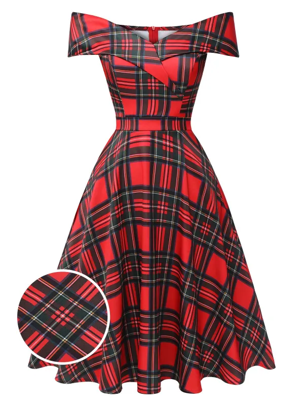 Red 1950s Christmas Plaid Off-Shoulder Dress made by Retro Stage