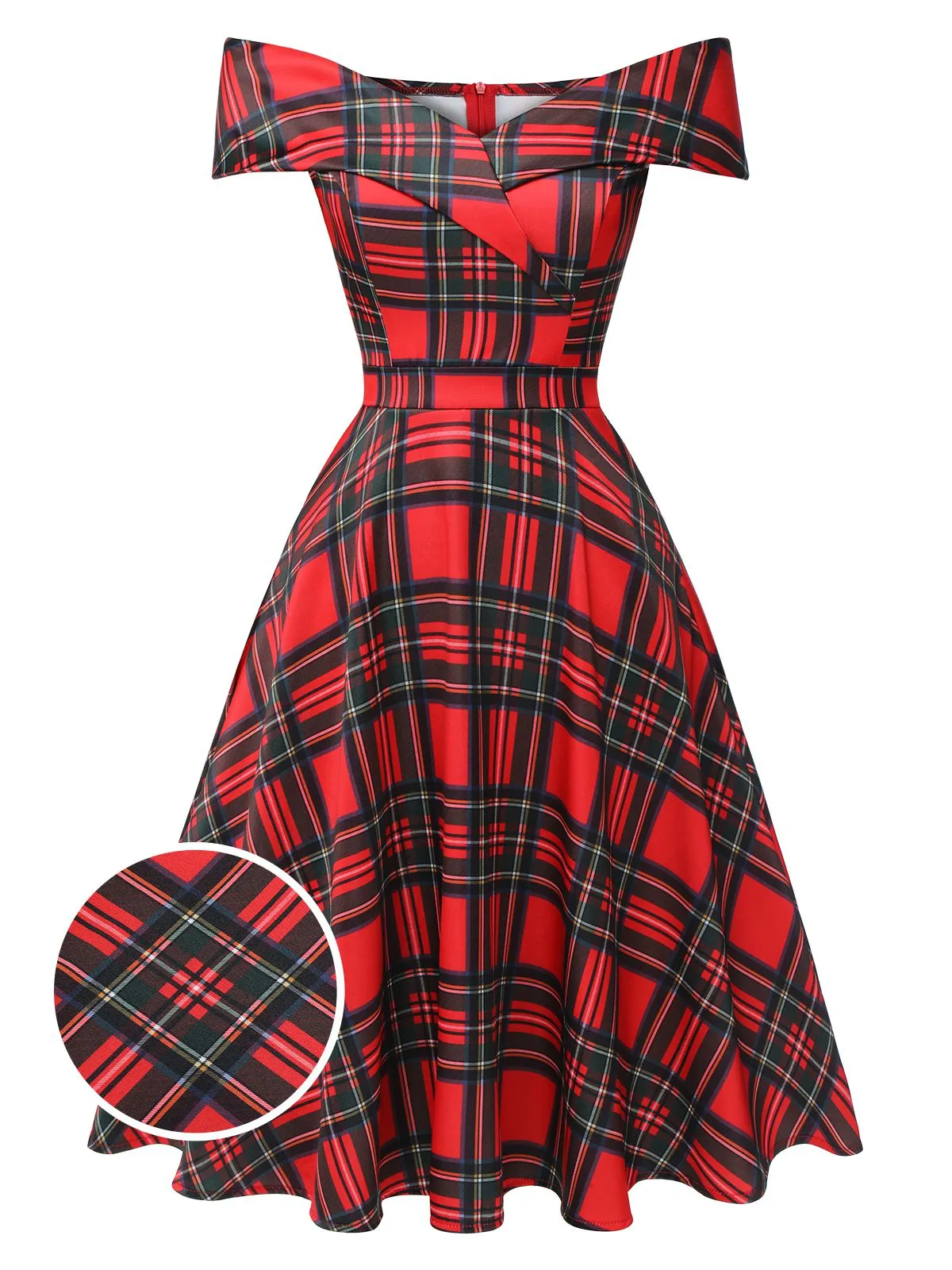 Red 1950s Christmas Plaid Off-Shoulder Dress sold by Retro Stage