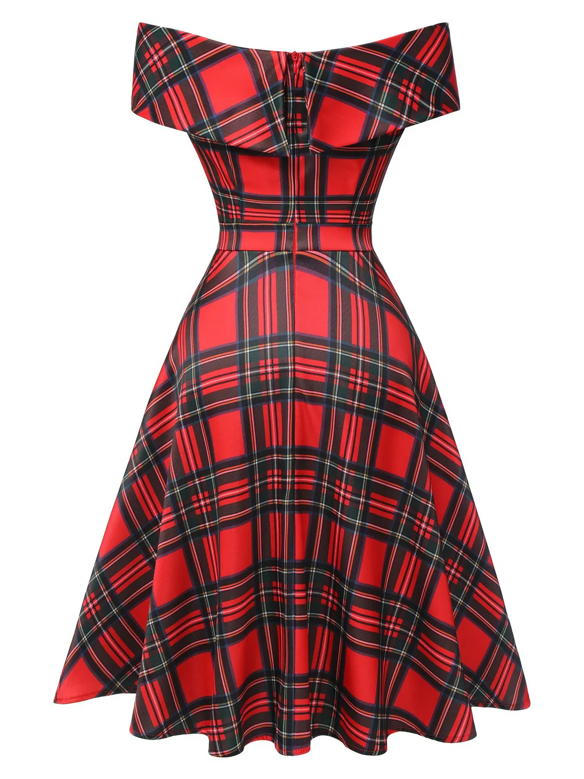 Red 1950s Christmas Plaid Off-Shoulder Dress sold by Retro Stage product image thumbnail 4