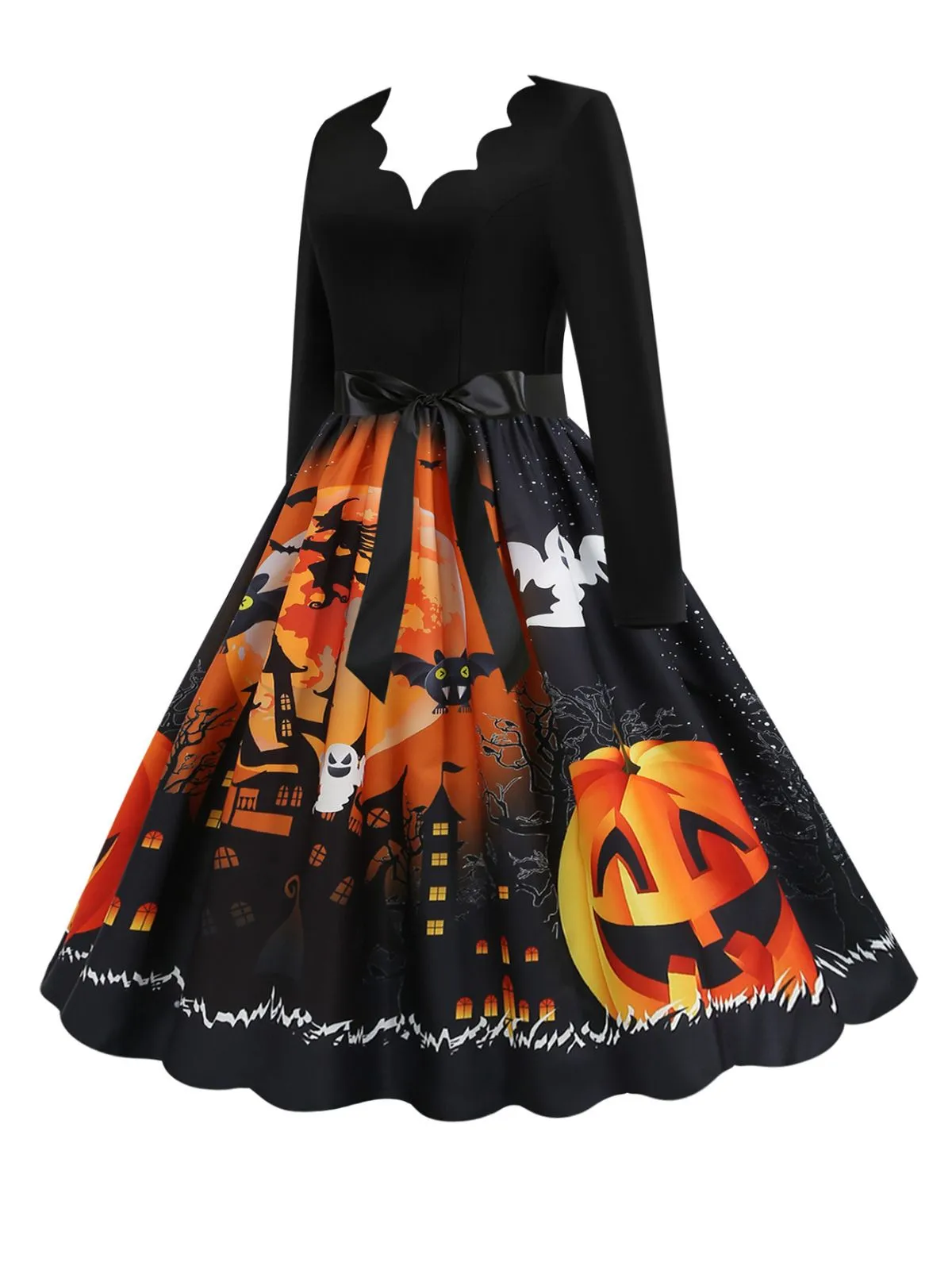 1950s Halloween Pumpkin V-Neck Hepburn Dress sold by Retro Stage product image thumbnail 2