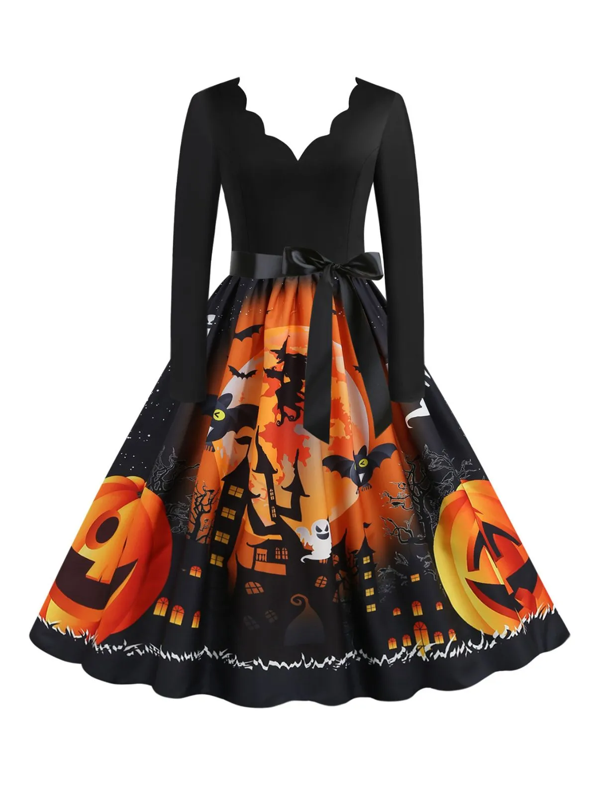 1950s Halloween Pumpkin V-Neck Hepburn Dress sold by Retro Stage