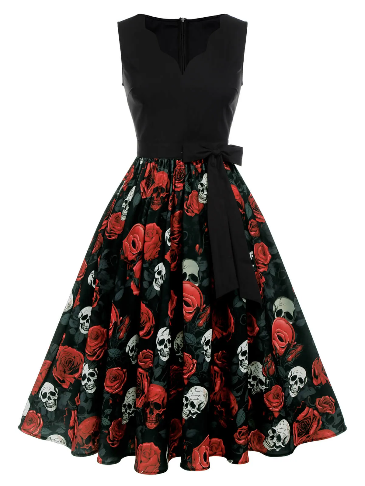 Black 1950s Halloween Skull Rose Sleeveless Dress sold by Retro Stage product image thumbnail 2