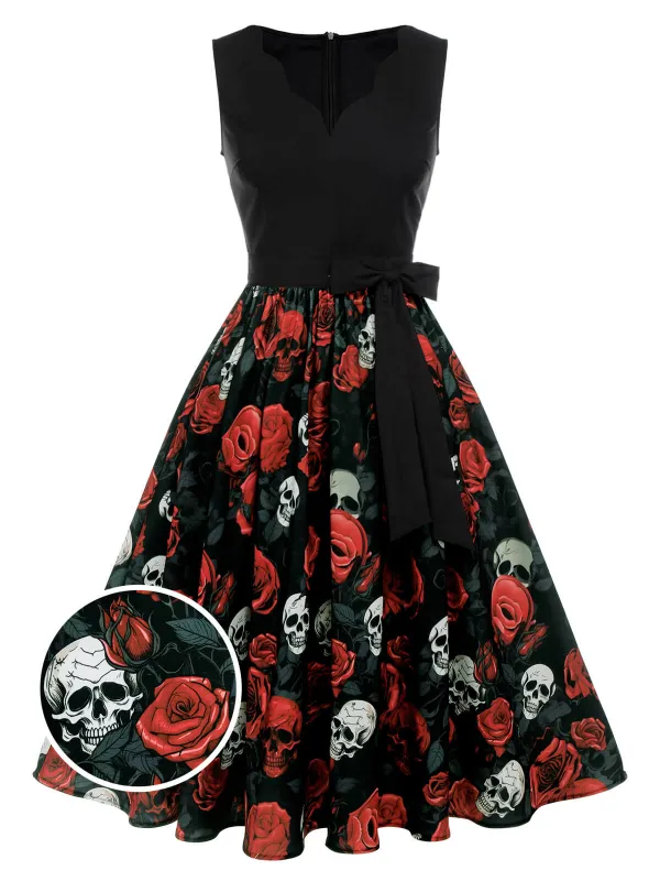 Black 1950s Halloween Skull Rose Sleeveless Dress made by Retro Stage