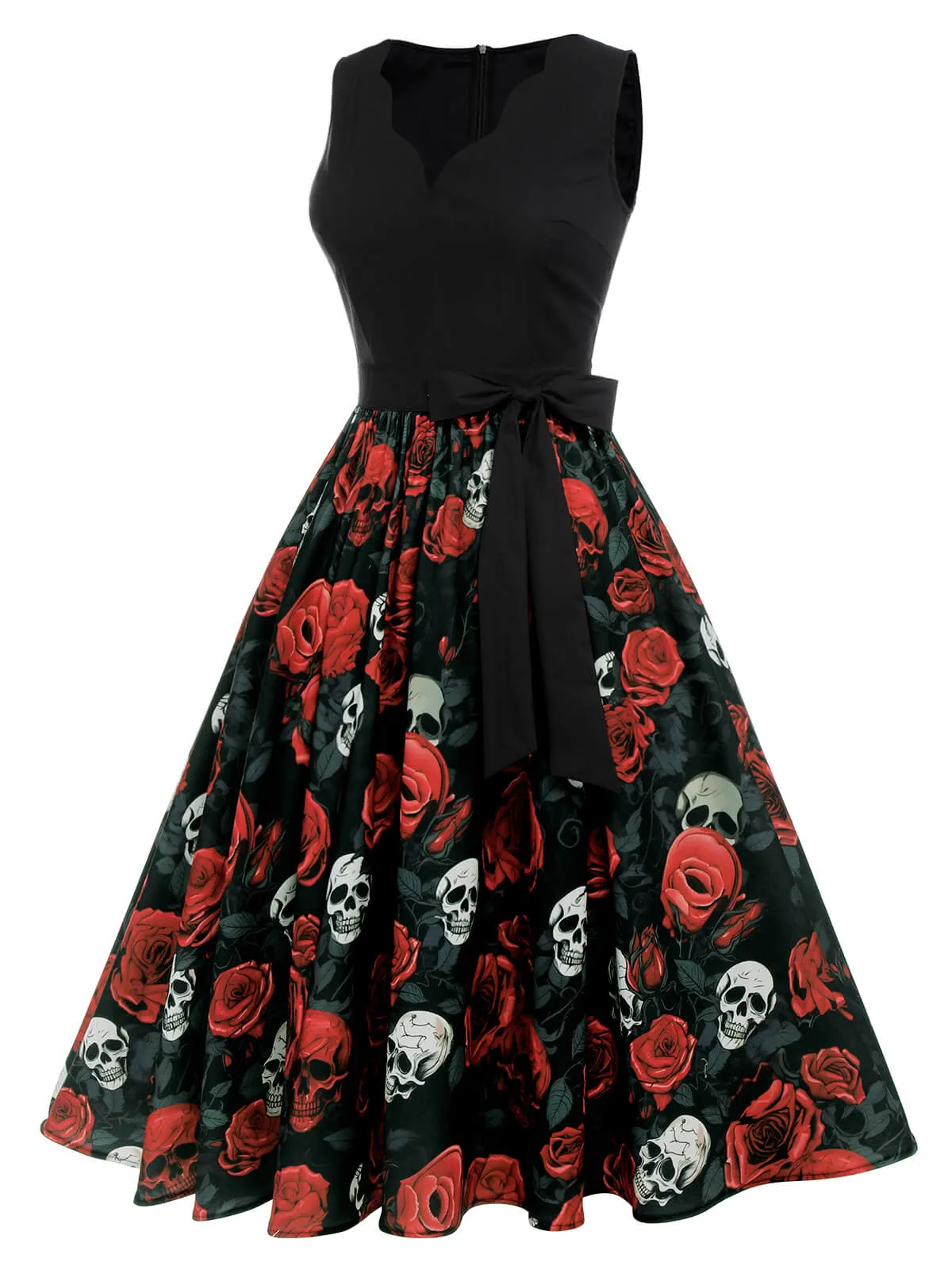 Black 1950s Halloween Skull Rose Sleeveless Dress sold by Retro Stage product image thumbnail 3