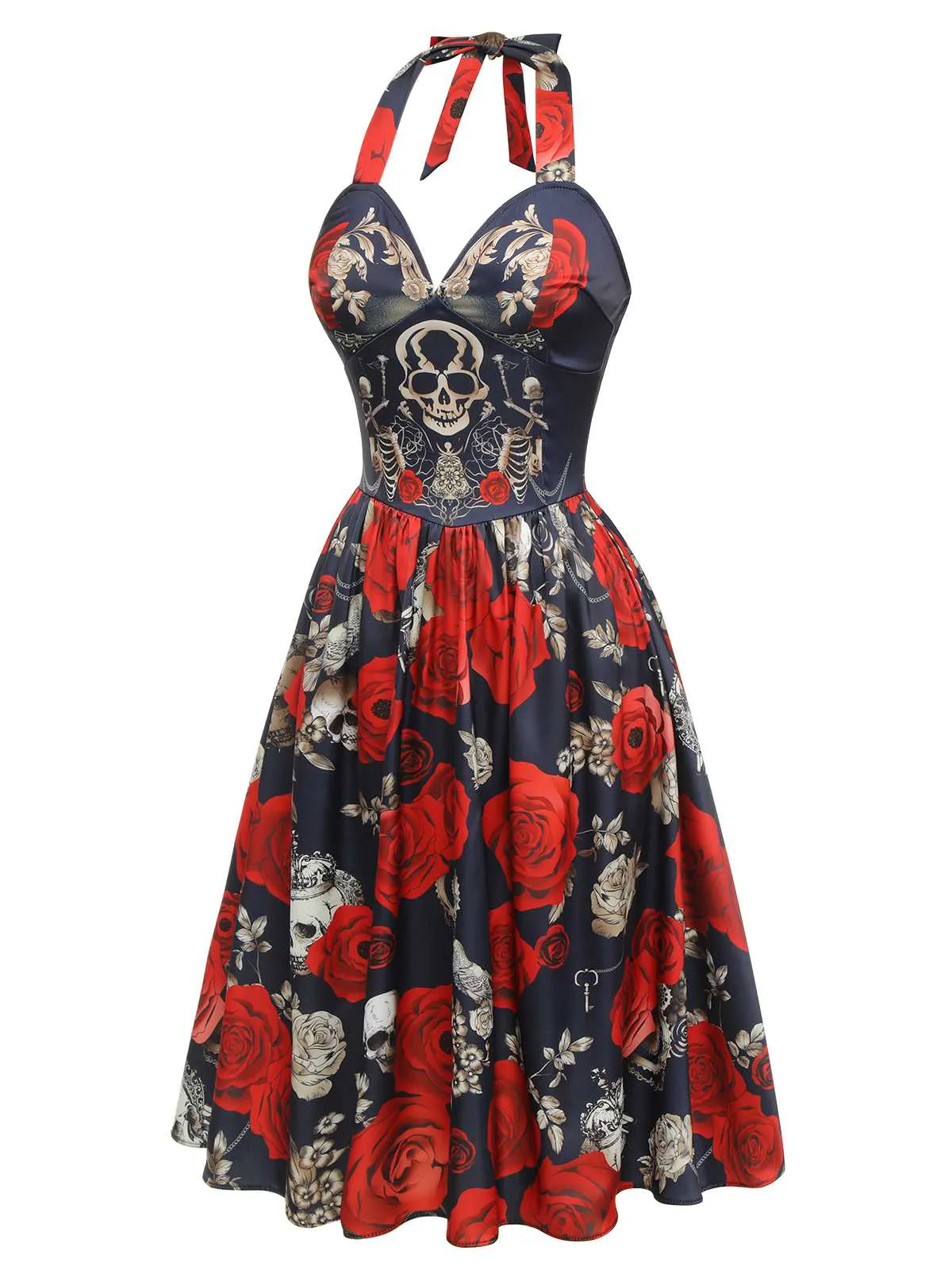 Black 1950s Sweetheart Skeleton Rose Swing Dress sold by Retro Stage product image thumbnail 3