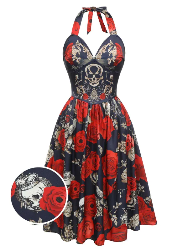 Black 1950s Sweetheart Skeleton Rose Swing Dress made by Retro Stage