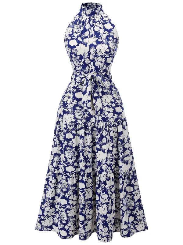 Blue 1930s Stand Collar Floral Dress made by Retro Stage