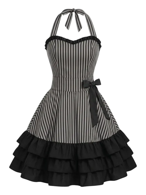 [Pre-Sale] Grey 1950s Halter Striped Ruffle Swing Dress made by Retro Stage