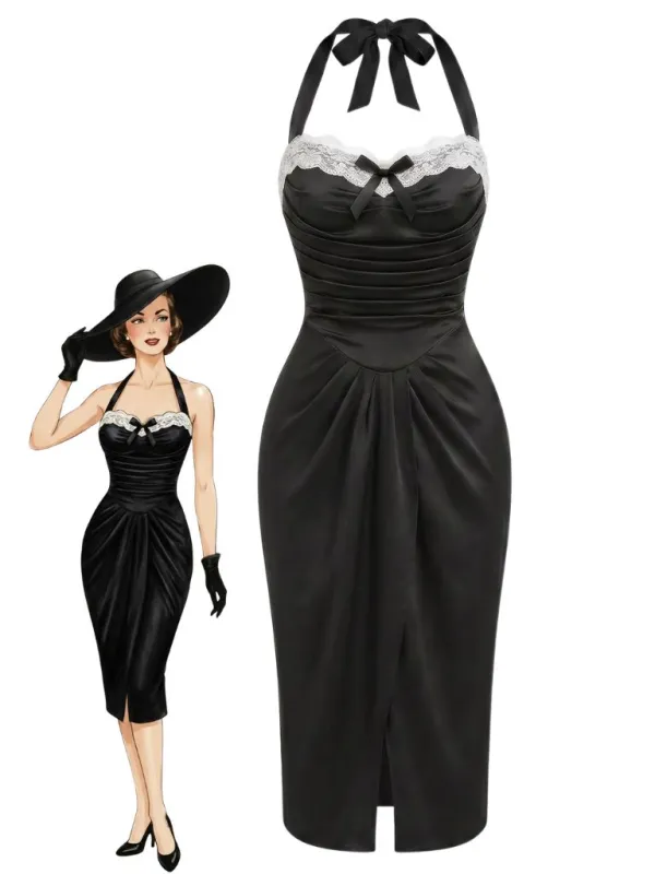 [Pre-Sale] Black 1960s Halter Lace Ruched Bodycon Dress made by Retro Stage