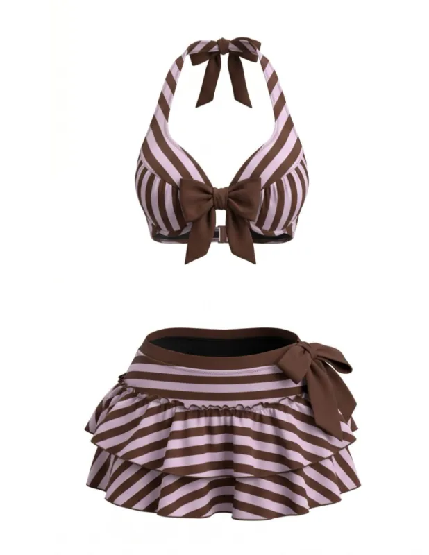 [Pre-Sale] Violet 1950s Striped Halter Bow Ruffle Bikini Set made by Retro Stage