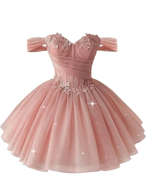 [Pre-Sale] Pink 1950s Floral Off-Shoulder Glitter Tulle Prom Dress made by Retro Stage