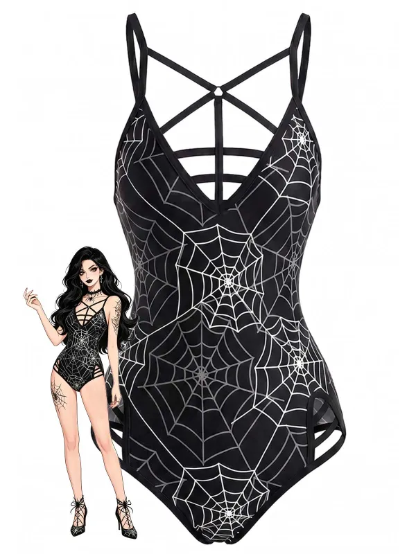 Black 1950s Spider Web Print Gothic One-Piece Swimsuit made by Retro Stage