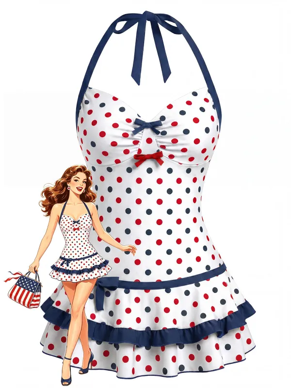 1940s Halter Polka Dot Bow Ruffle Swim Dress made by Retro Stage