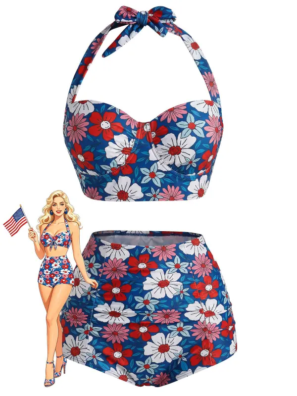 Red & Blue & White 1950s Floral Halter Bikini Set made by Retro Stage