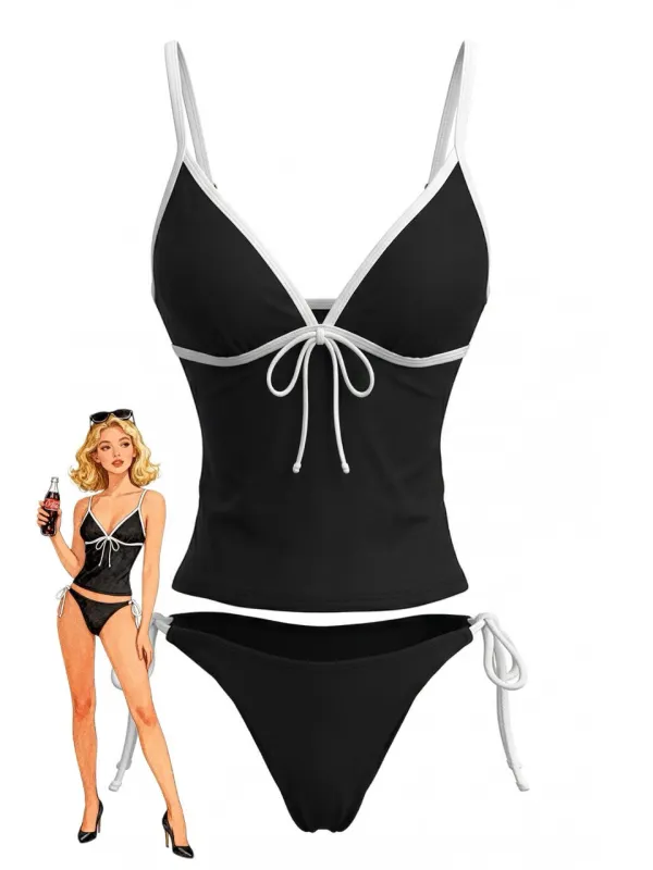 Black 1980s Contrast Trim Bow Tankini Set made by Retro Stage