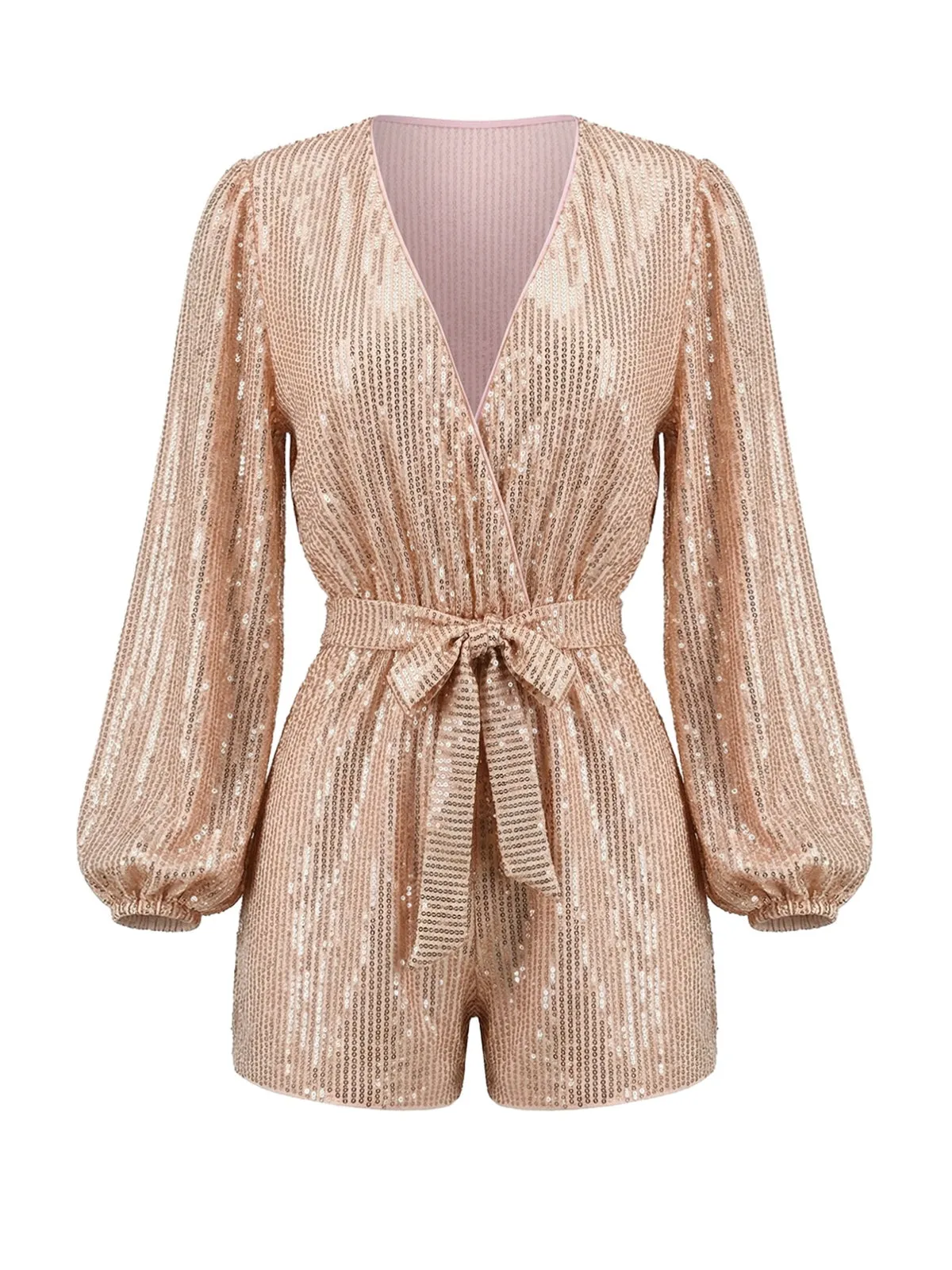 Champagne 1980s Sequin Long Sleeve Tie Waist Romper sold by Retro Stage product image thumbnail 2