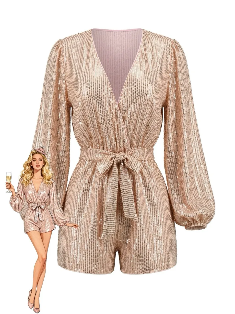Champagne 1980s Sequin Long Sleeve Tie Waist Romper sold by Retro Stage