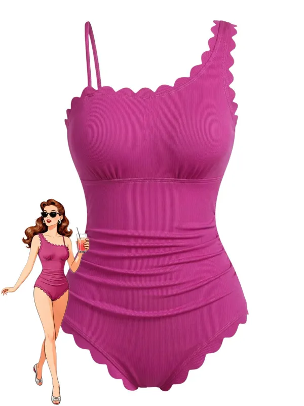 1950s Ruffle Solid Cut-Out Slim Swimsuit made by Retro Stage