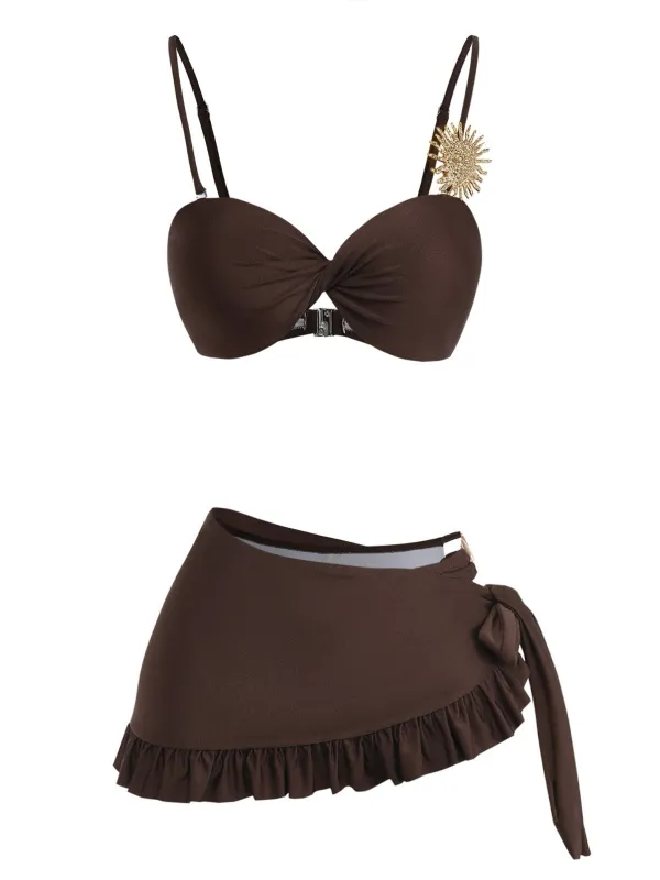 Coffee 1980s Satin Metallic Sun Ruffle Tie Bikini Set made by Retro Stage