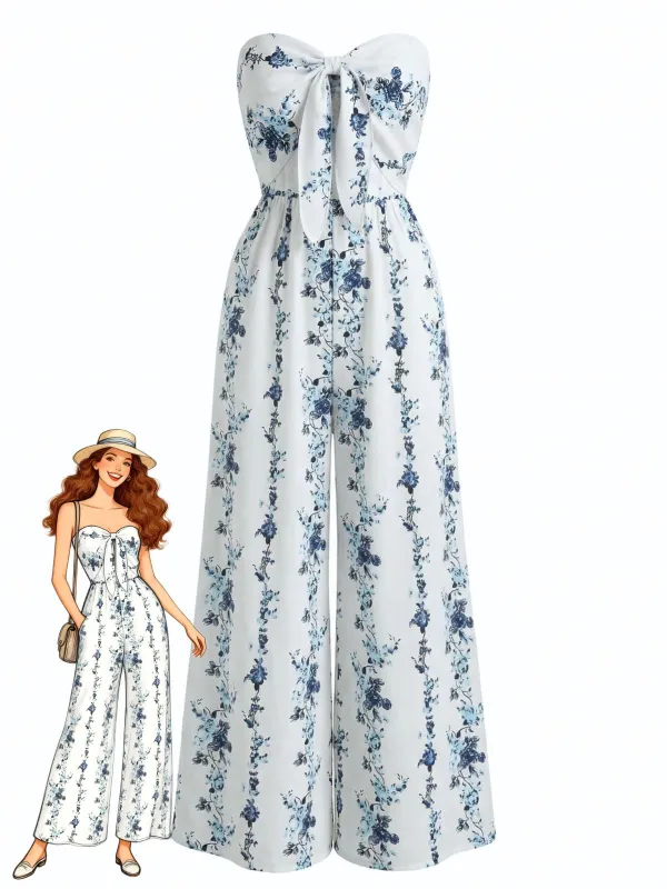 Blue 1970s Strapless Floral Print Wide Leg Boho Jumpsuit made by Retro Stage