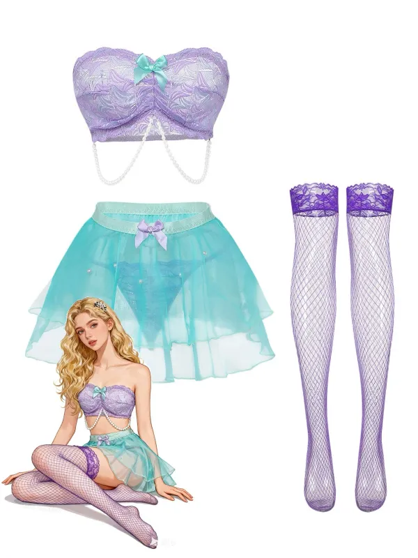Lavender 1980s Fairycore Lace Mesh Bow Lingerie Set made by Retro Stage