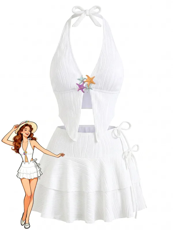 3PCS White 1950s Solid Starfish Halter Swimsuit made by Retro Stage
